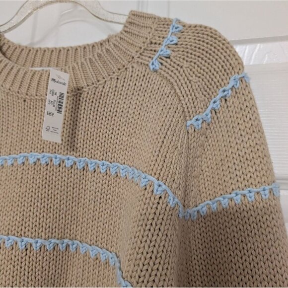 NEW Madewell Stripe Textured Cotton Crewneck Sweater Size XXL Beige Cozy NS655 - Picture 3 of 11